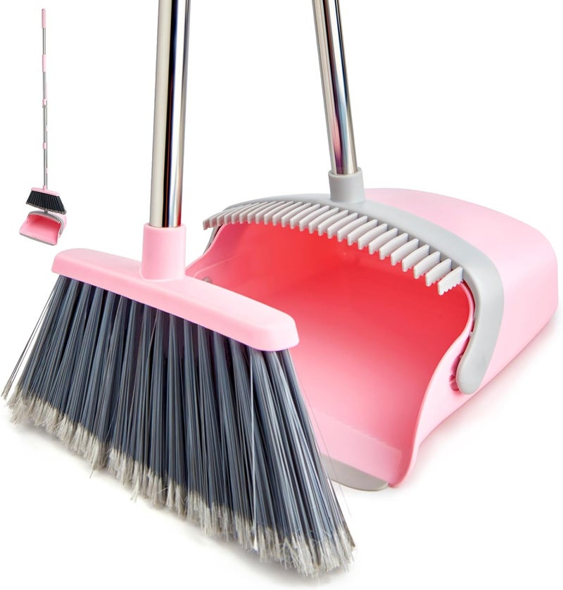 XXFLOWER Broom and Dustpan Set, Dustpans with Broom Combo for Home, Heavy Dust Broom and Dustpan Combo, Long Handle Dust Pan and Broom Set for Kitchen, Office, Pet Hair(Gray Pink) - Image 1